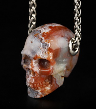 Gemstone Necklace of 1.1" Red Crazy Lace Agate Hand Carved Crystal Skull Pendant, Skull Jewelry