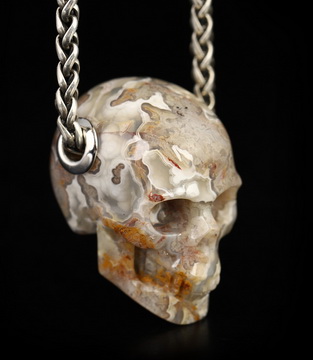 Gemstone Necklace of 1.1" Red Crazy Lace Agate Hand Carved Crystal Skull Pendant, Skull Jewelry