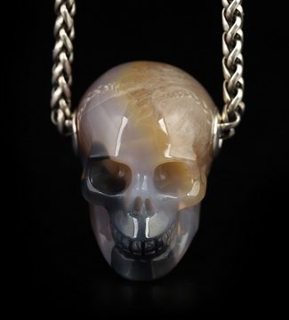 Necklace of 1.1" Agate Hand Carved Crystal Skull Pendant, Skull Jewelry