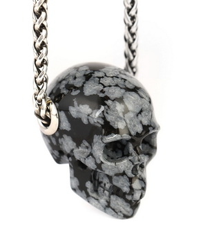 Necklace of 1.1" Snowflake Obsidian Hand Carved Crystal Skull Pendant, Skull Jewelry