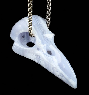 Gemstone Necklace of 2.4" Blue Lace Agate Hand Carved Crystal Skull Pendant, Skull Jewelry