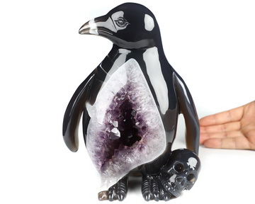 7.3" Agate Amethyst Geode Hand Carved Penguin and Crystal Skull Fine Art Sculpture, Crystal Healing