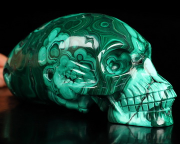 Gemstone 7.7" Malachite Hand Carved Crystal Elongated Mayan Alien Skull Sculpture, Crystal Healing