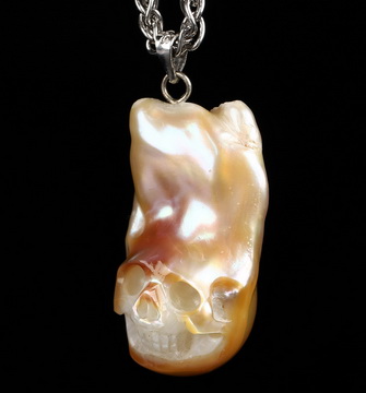 Necklace of 1.2" Pearl Hand Carved Crystal Skull Pendant, Skull Jewelry