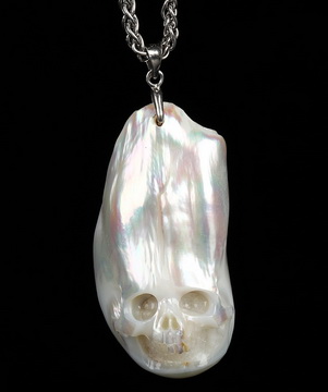 Necklace of 1.7" Pearl Hand Carved Crystal Skull Pendant, Skull Jewelry
