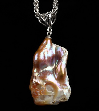 Necklace of 1.3" Pearl Hand Carved Crystal Skull Pendant, Skull Jewelry