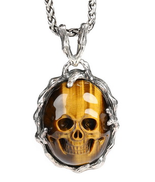 Necklace of 1.7" Gold Tiger's Eye Hand Carved Crystal Skull Pendant, Skull Jewelry