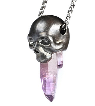 Gemstone Necklace of 2.0" Amethyst Hand Carved Crystal Skull Pendant, Skull Jewelry