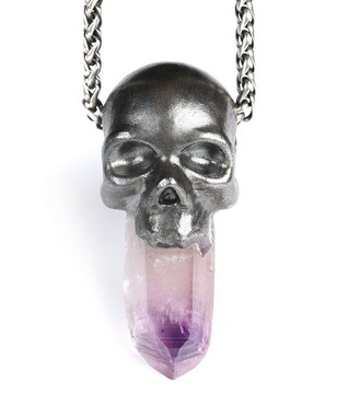 Gemstone Necklace of 1.9" Amethyst Hand Carved Crystal Skull Pendant, Skull Jewelry