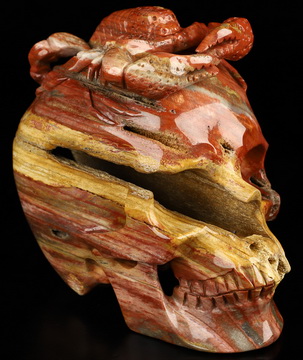 5.1" Colorful Petrified Wood Hand Carved Crystal Skull and Scorpion Fine Art Sculpture, Crystal Healing