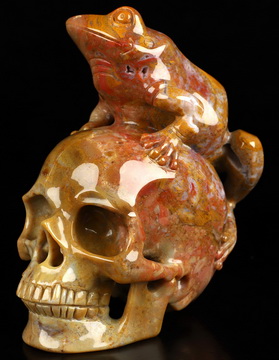 4.9" Indian Agate Hand Carved Crystal Skull and Frog Fine Art Sculpture, Crystal Healing