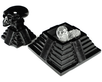 5.5" Black Obsidian Carved Elongated Mayan Alien Crystal Skull & Maya Pyramid Sculpture