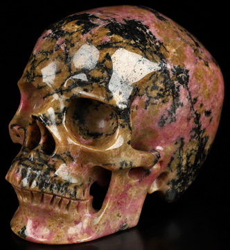 3.5" Pink & Black Rhodonite Hand Carved Crystal Skull, Super Realistic, Crystal Healing