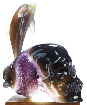 7.9" Agate Amethyst Geode Hand Carved Crystal Skull and dolphin Fine Art Sculpture, Crystal Healing