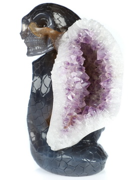 4.5" Agate Amethyst Geode Hand Carved Snake Crystal Skull Fine Art Sculpture, Crystal Healing