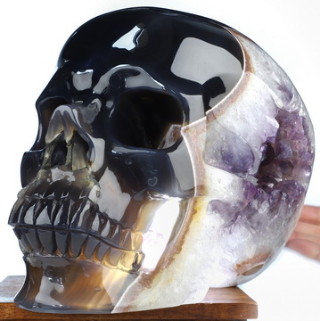 Super Realistic! Lifesized 8.0" Agate Amethyst Geode Hand Carved Crystal Skull, Crystal Healing