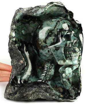 The Thinker, 6.8" Emerald Hand Carved Crystal Skull Fine Art Sculpture, Crystal Healing
