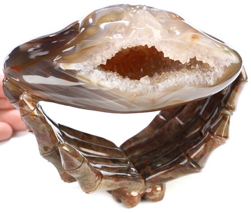 6.1" Agate Geode Hand Carved Crystal Skull and Hand Bone Fine Art Sculpture, Crystal Healing