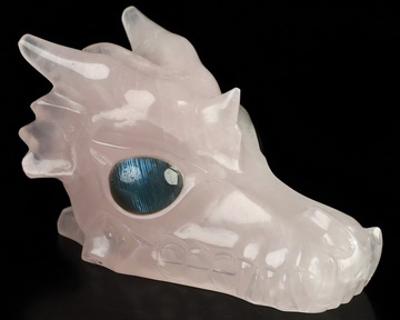 5.0" Rose Quartz Hand Carved Crystal Dragon Skull with Labradorite Eyes Sculpture, Crystal Healing