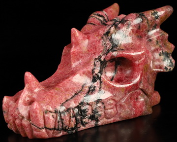 5.1" Pink & Black Rhodonite Hand Carved Crystal Dragon Skull Sculpture, Crystal Healing
