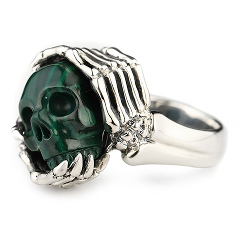 US Size 12# Gemstone Malachite Hand Carved Crystal Skull Ring, Skull Jewelry