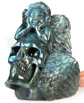 7.1" Flash Labradorite Hand Carved Crystal Skull and Fairy Fine Art Sculpture, Crystal Healing