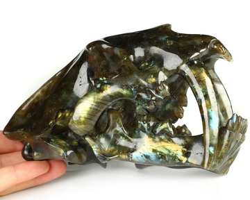 7.3" Labradorite Hand Carved Crystal Wolf Skull Sculpture, Crystal Healing
