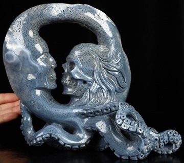 9.1" Blue Ridge Coral Hand Carved Crystal Skull Fine Art Sculpture, Crystal Healing