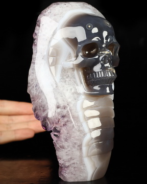 6.3" Amethyst & Agate Hand Carved Crystal Skull Fine Art Sculpture, Crystal Healing