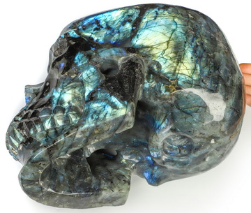 31.7LB Titan 11.2" Flash Labradorite Hand Carved Crystal Skull, Crystal Healing