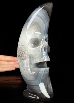 6.7" Gray & White Agate Hand Carved Crystal Moon Skull Sculpture, Crystal Healing