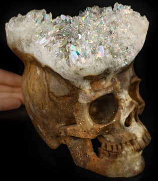 6.5" Rainbow Aura Quartz Hand Carved Crystal Skull Fine Art Sculpture, Crystal Healing