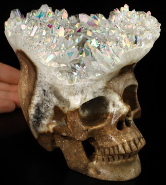 5.5" Rainbow Aura Quartz Hand Carved Crystal Skull Fine Art Sculpture, Crystal Healing