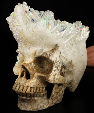 6.1" Rainbow Aura Quartz Hand Carved Crystal Skull Fine Art Sculpture, Crystal Healing