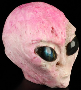 Rare Geode 4.1" Pink Aragonite Star Being Female Alien Crystal Skull Companion With Labradorite Eyes, Hand Carved Gemstone Fine Art Sculpture, Reiki Healing Stone Statue