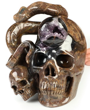 6.5" Dinosaur Egg Agate Hand Carved Crystal Skull and Snake Sculpture, Crystal Healing