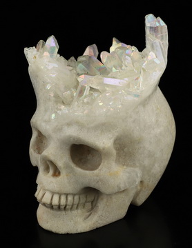 2.4" Rainbow Quartz rock druse Hand Carved Crystal Skull Fine Art Sculpture, Crystal Healing