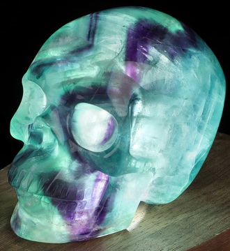 3.4" Fluorite Hand Carved Hollow Crystal Skull Lamp/Light with Led Stand, Super Realistic, Crystal Healing