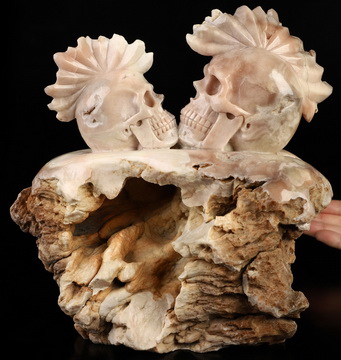 Gemstone 8.9" Sakura Agate Hand Carved Crystal Skull Fine Art Sculpture, Crystal Healing