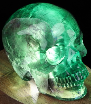 3.7" Fluorite Hand Carved Hollow Crystal Skull Lamp/Light with Led Stand, Super Realistic, Crystal Healing