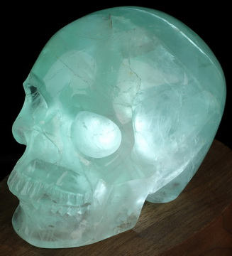 4.0" Fluorite Hand Carved Hollow Crystal Skull Lamp/Light with Led Stand, Super Realistic, Crystal Healing
