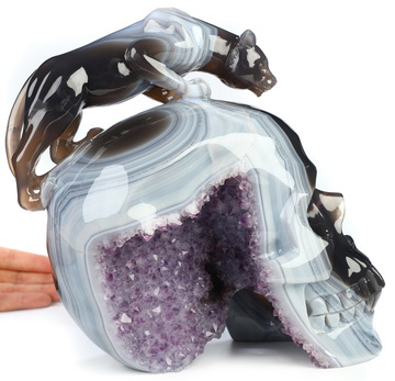 8.6" Agate Amethyst Geode Hand Carved Crystal Skull and Leopard Fine Art Sculpture, Crystal Healing