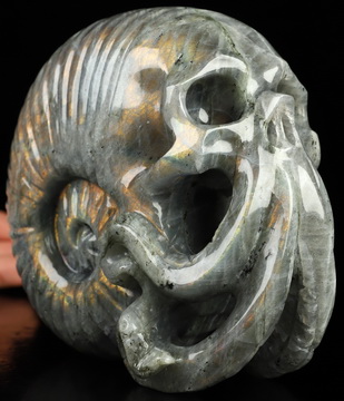Super Flash 6.0" Labradorite Hand Carved Nautiloid Cthulhu Crystal Skull Sculpture, Crystal Healing