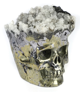 2.6" Pyrite with Quartz Druse Hand Carved Crystal Skull Fine Art Sculpture, Crystal Healing