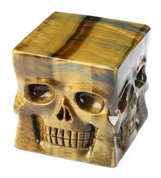 1.8" Blue & Gold Tiger's Eye Hand Carved Cube Crystal Skull Fine Art Sculpture, Crystal Healing