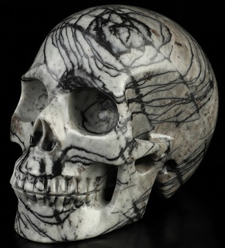 3.9" Black Network Jasper Hand Carved Crystal Skull, Realistic, Crystal Healing