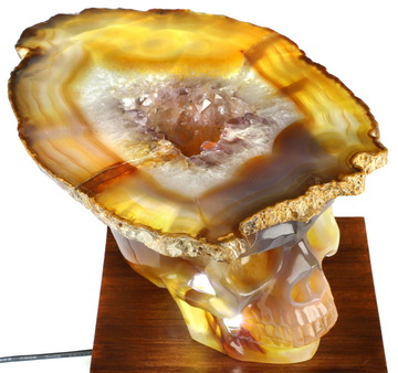 8.7" Premium Brazilian Agate Geode Hand Carved Crystal Skull Fine Art Sculpture, Crystal Healing