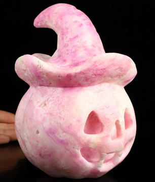 Happy Halloween, 6.5" Pink Aragonite Hand Carved Crystal Evil Pumpkin Skull Sculpture, Crystal Healing