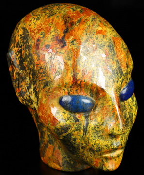 3.5" Realgar Hand Carved Fairy Elf Alien Crystal Skull Companion with Lapis Lazuli Eyes, Hand Carved Gemstone Fine Art Sculpture, Reiki Healing Stone Statue
