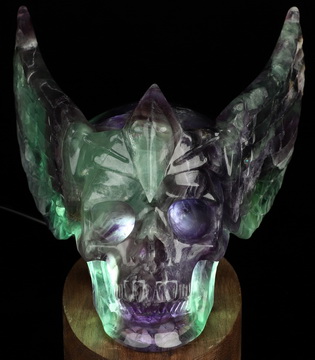 5.9" Fluorite Hand Carved Guardian Hollow Crystal Skull Lamp Sculpture with Led Stand, Crystal Healing